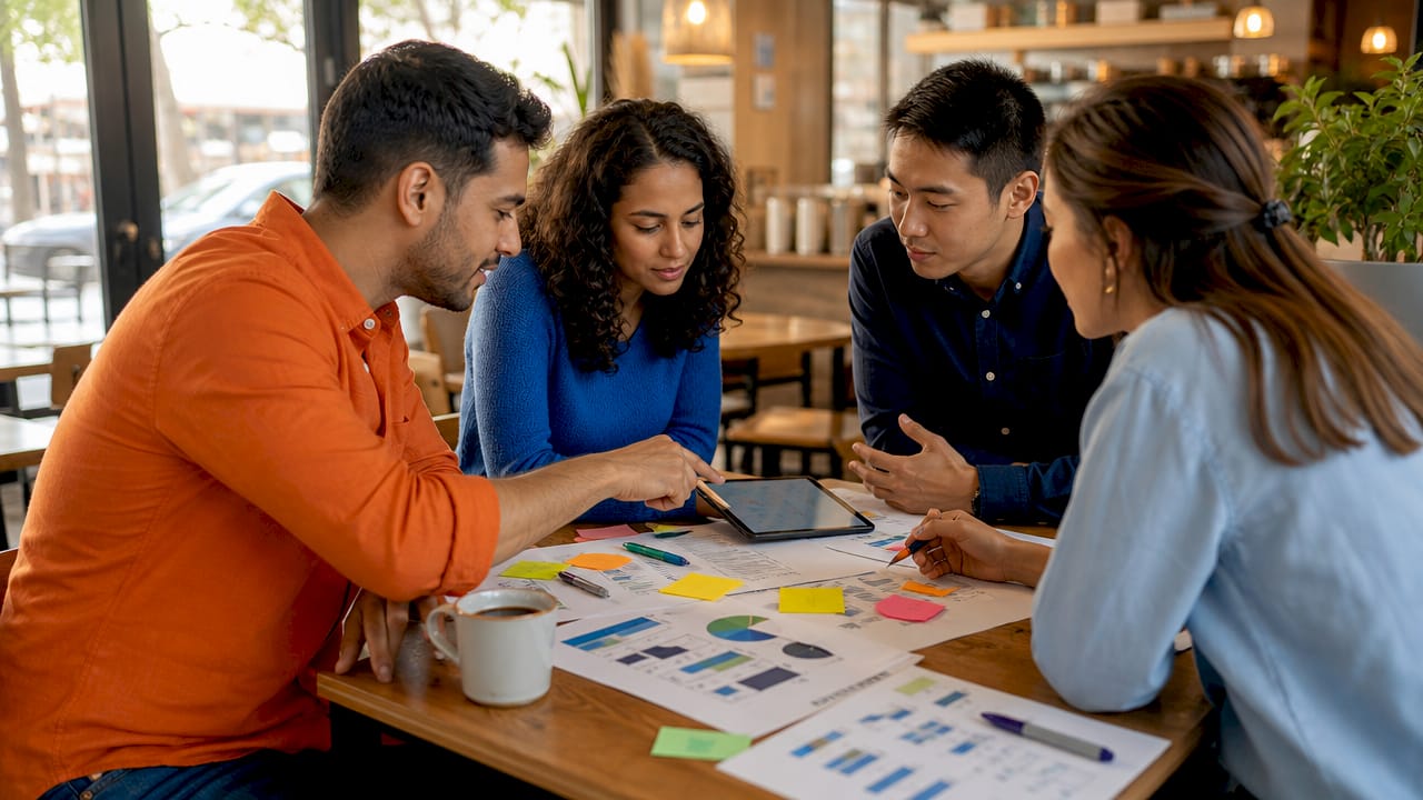 Team collaborating on SEO strategy around conference table