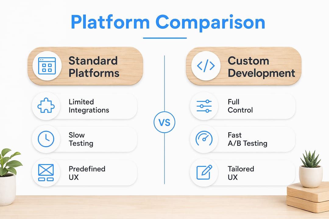 Infographic comparing standard platforms and custom development