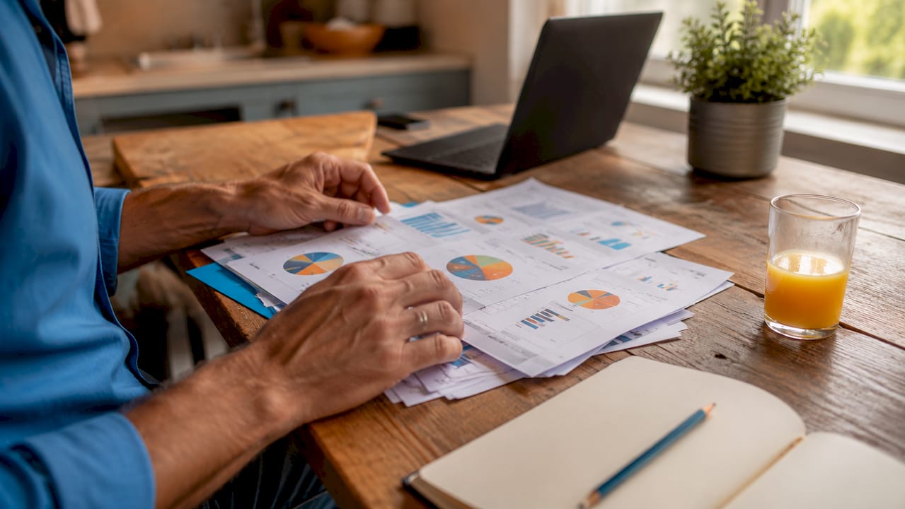 Overhead view of hands sorting CRM data sheets