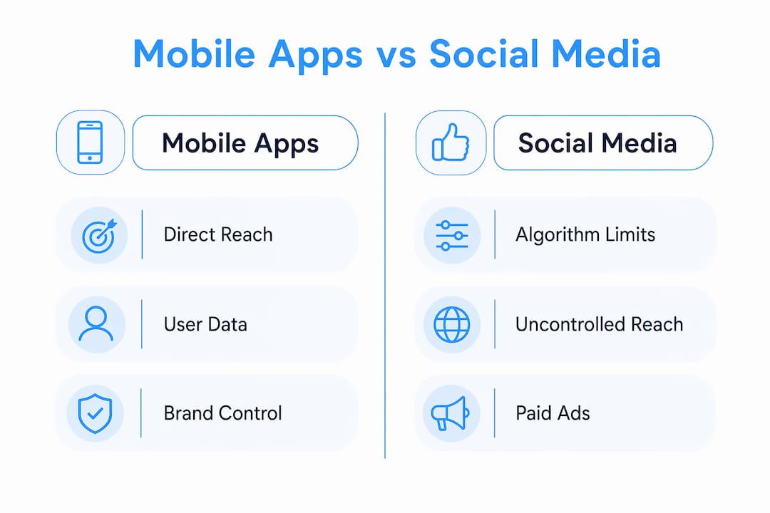 Infographic comparing mobile apps versus social media for startups