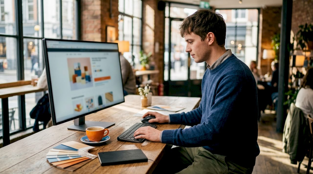Merchandiser adjusting product visuals at desktop workspace