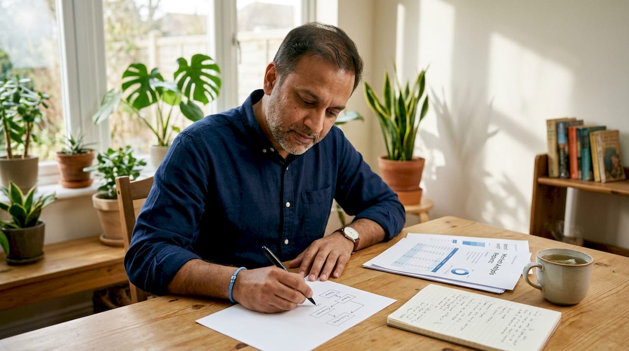 Entrepreneur drafting digital expansion plan at home
