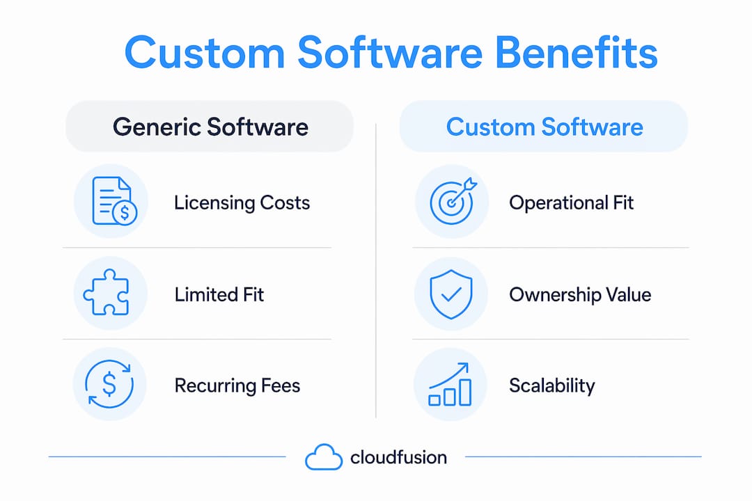Infographic comparing generic vs custom software benefits