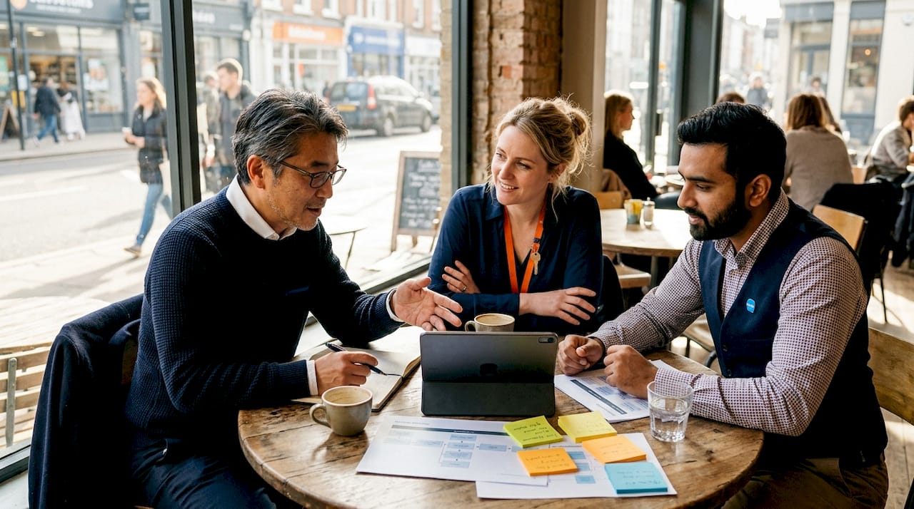 Business team collaborating over software workflow