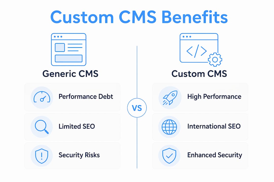 Infographic comparing custom CMS and generic CMS advantages