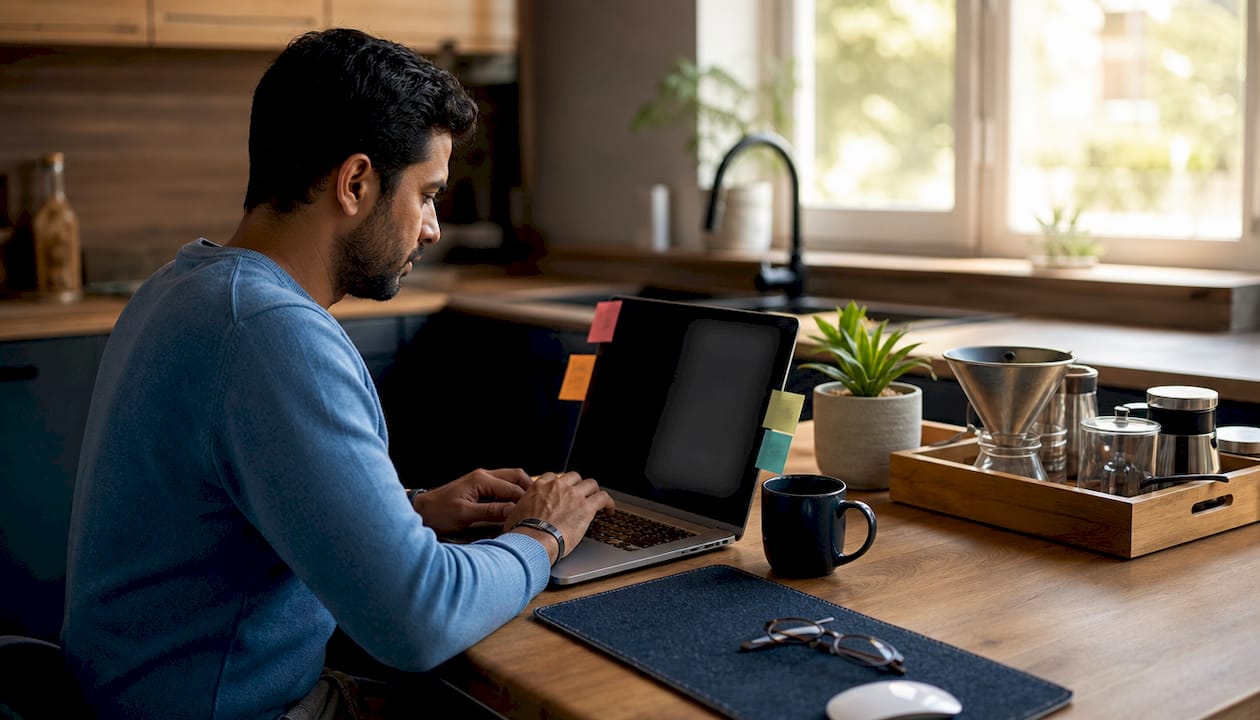 Man managing passwords at home office desk