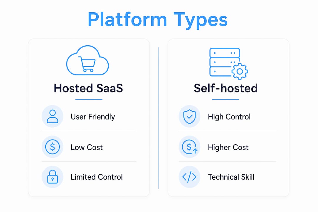 Infographic comparing hosted SaaS and self-hosted e-commerce platforms