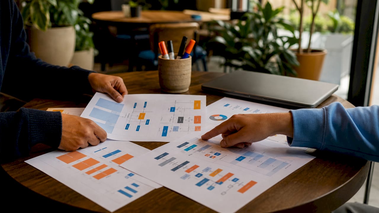 Hands arranging planning documents on e-commerce platform features