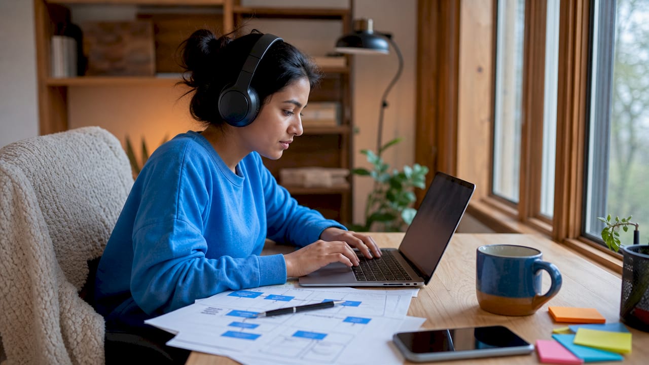 Young woman coding at co-working space