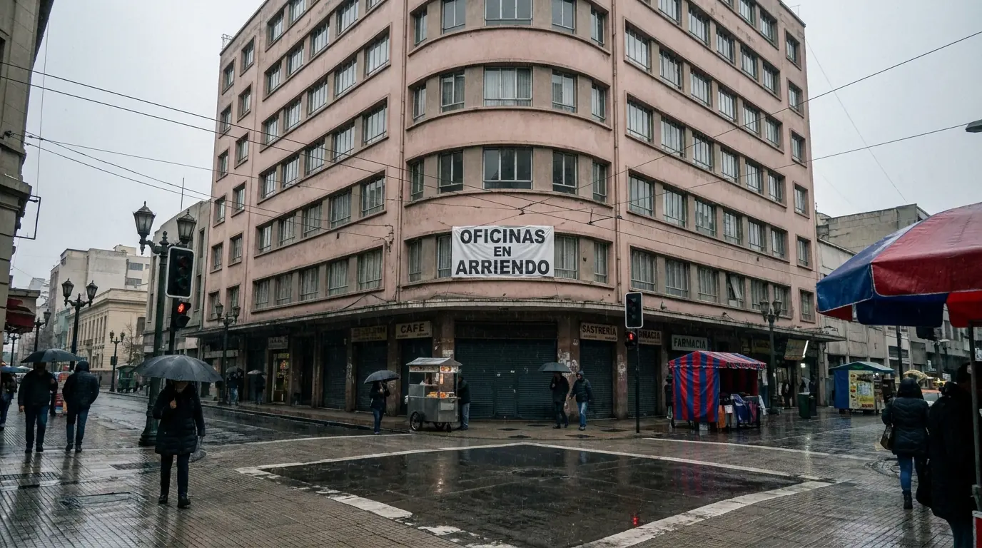 Edificio de oficinas en arriendo con locales comerciales cerrados en una esquina del centro de Santiago