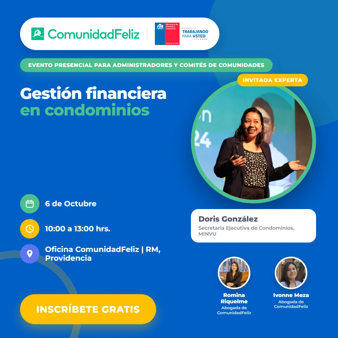 Evento presencial junto al MINVU: Gestión financiera en condominios, 6 de octubre, con Doris González