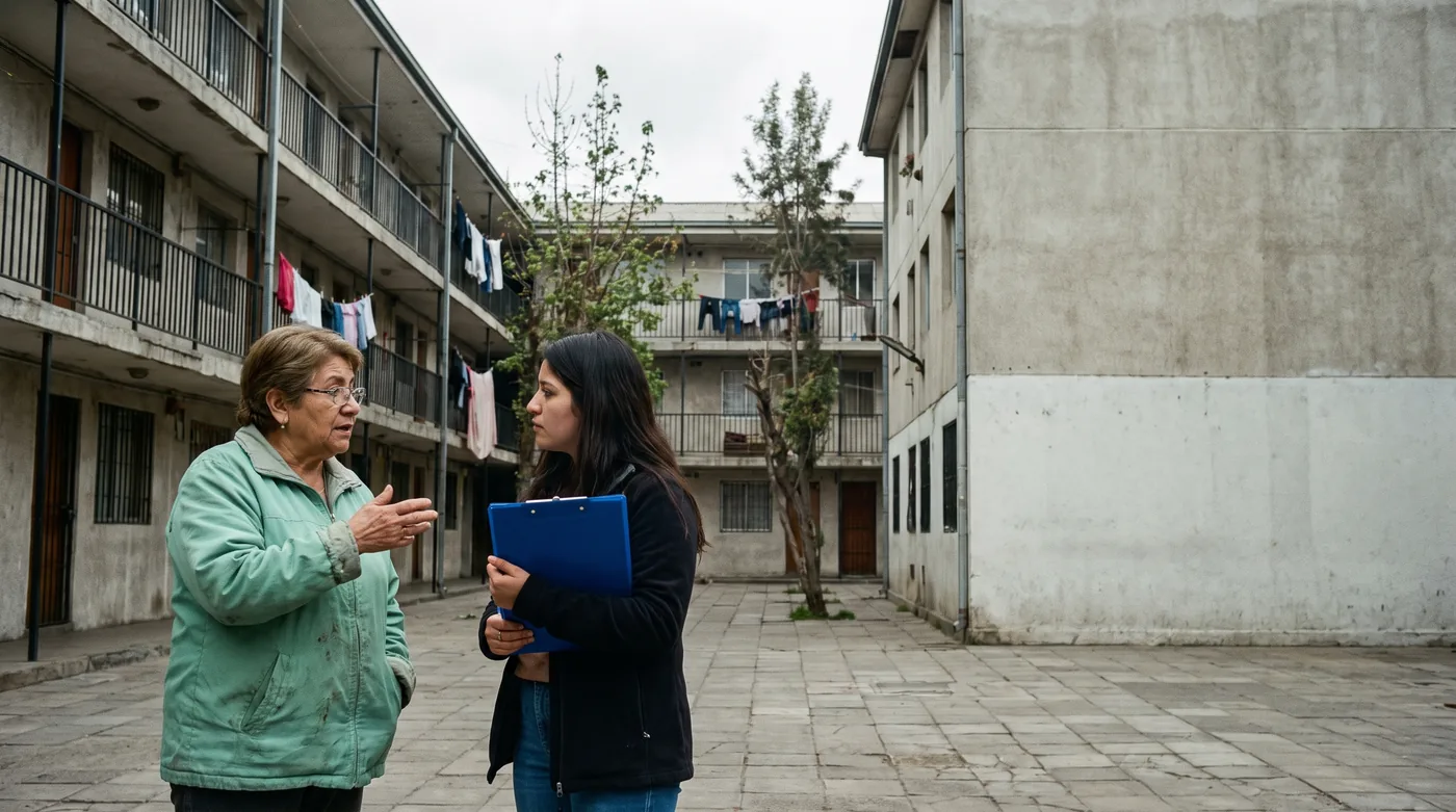 Dos vecinas conversan con una carpeta en el patio de un condominio de viviendas sociales en Santiago