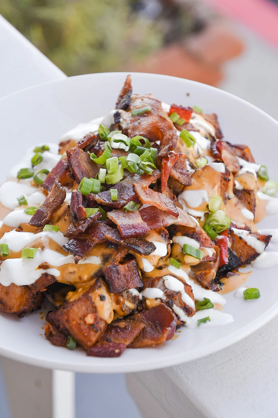 Plate of Ken’s loaded potatoes held on the café patio