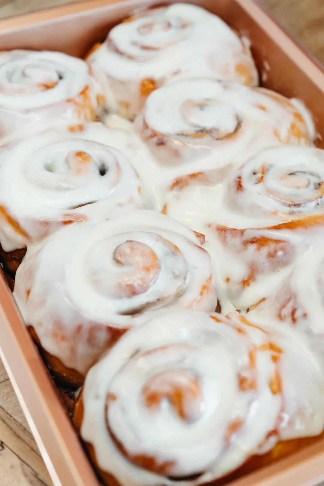 Pan of iced cinnamon rolls