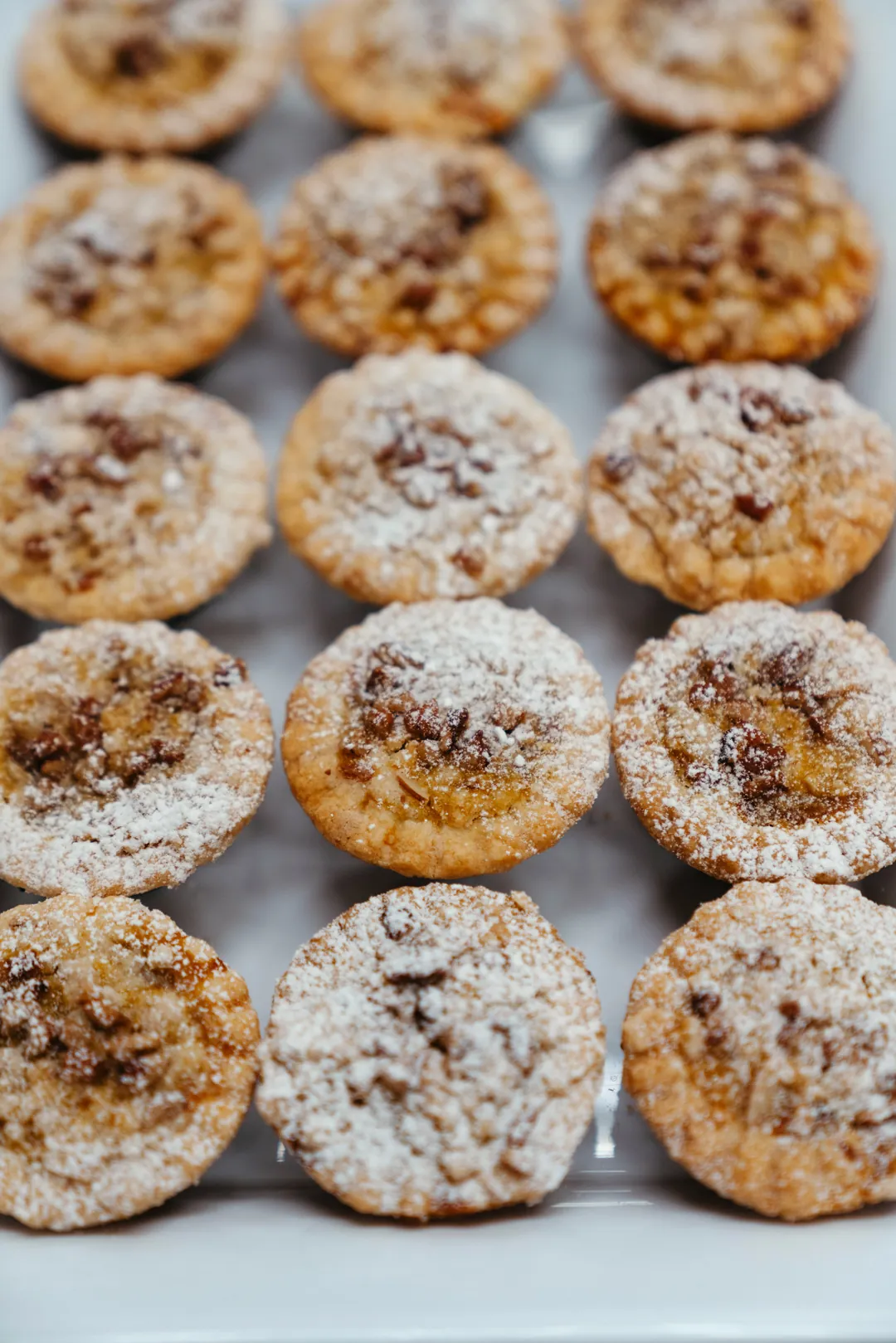 Tray of round cookies dusted with powdered sugar