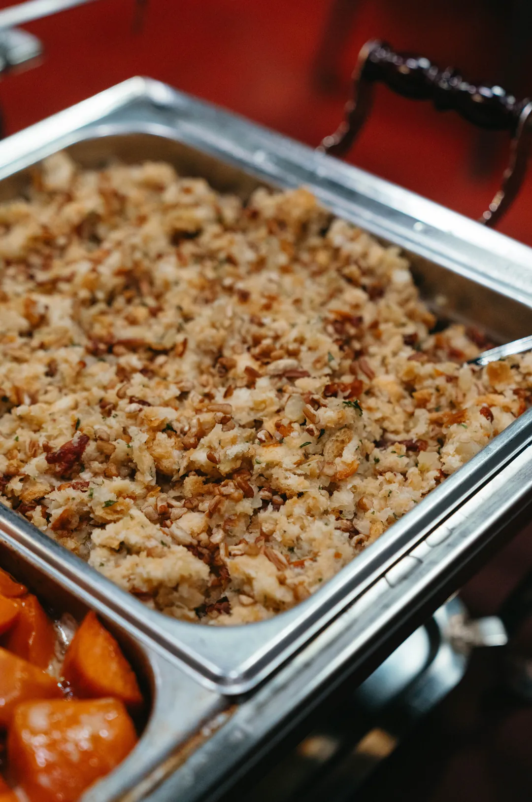 Prepared stuffing in a stainless-steel buffet pan