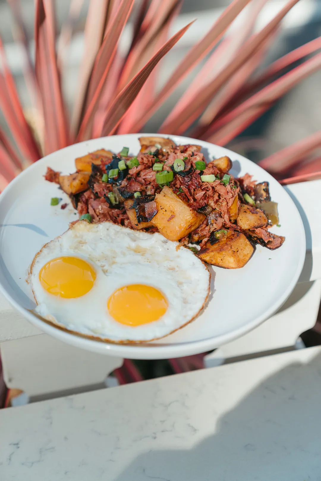 Plate of corned beef hash and two sunny-side eggs