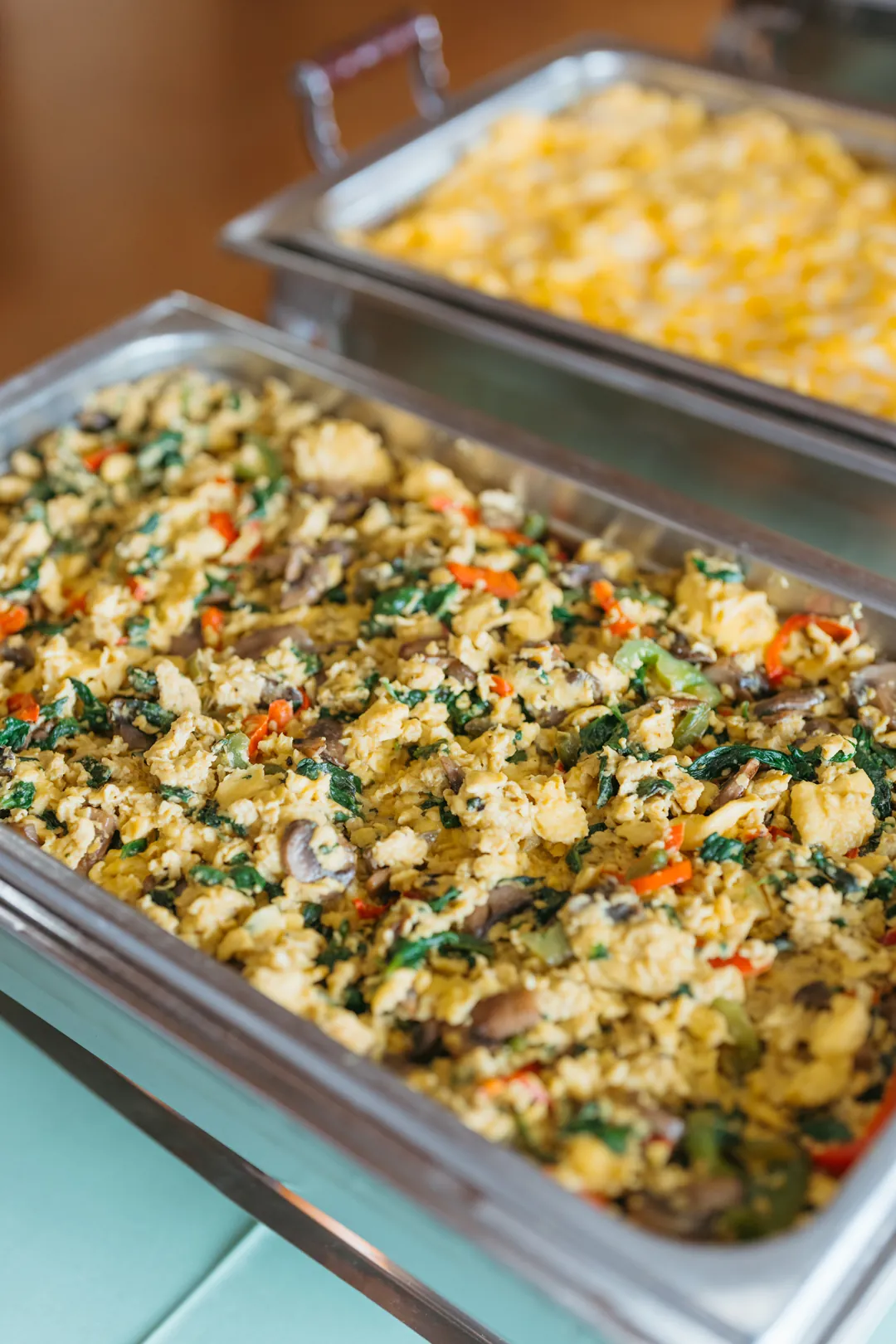 Vegetable scrambled eggs with spinach, mushrooms and peppers