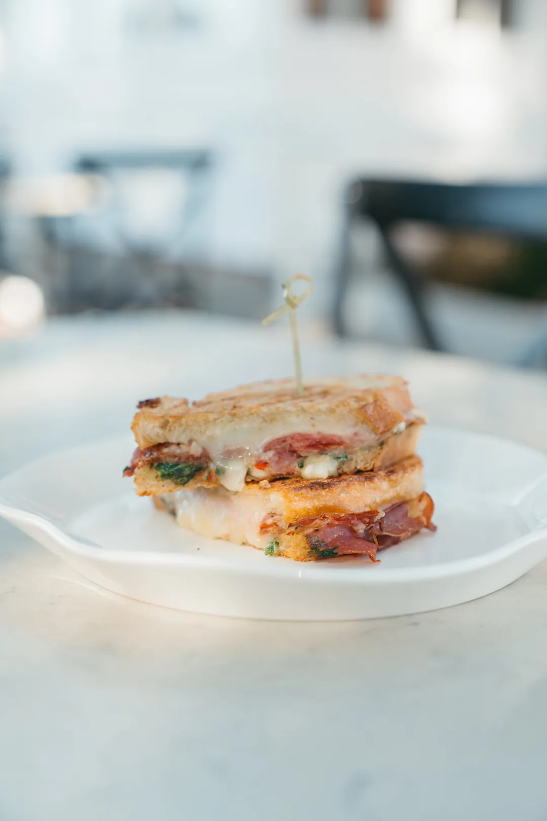 Italian panini cut in half on a white plate