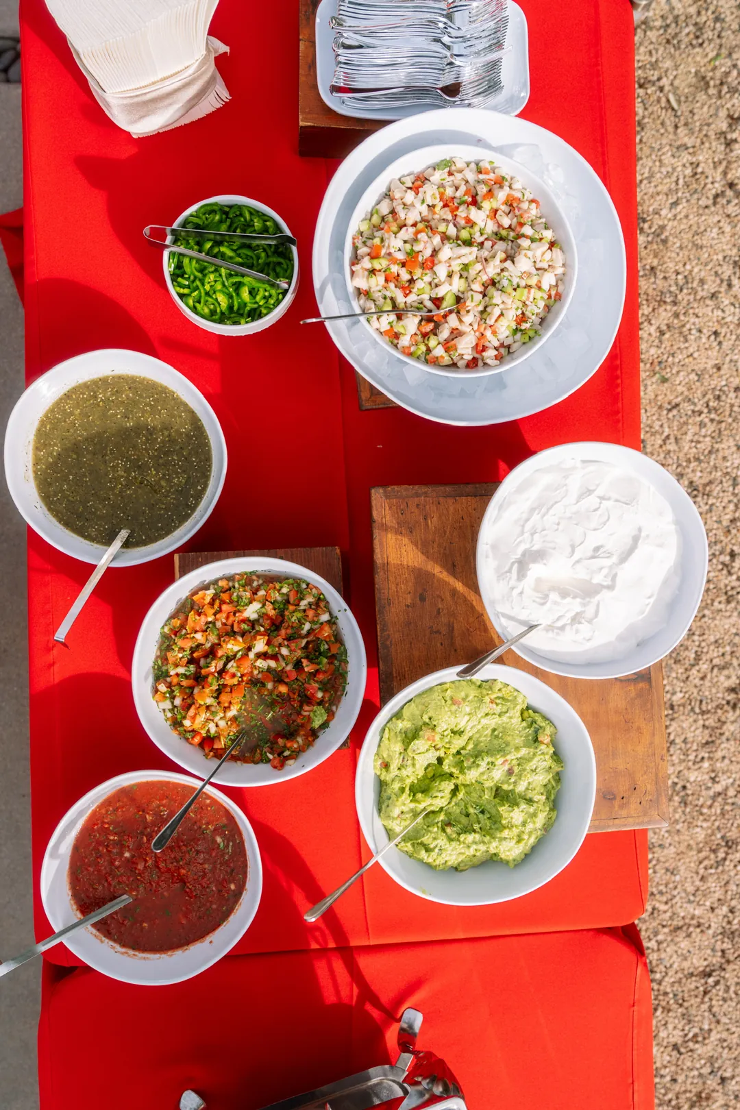 Overhead view of the nacho bar dips and toppings