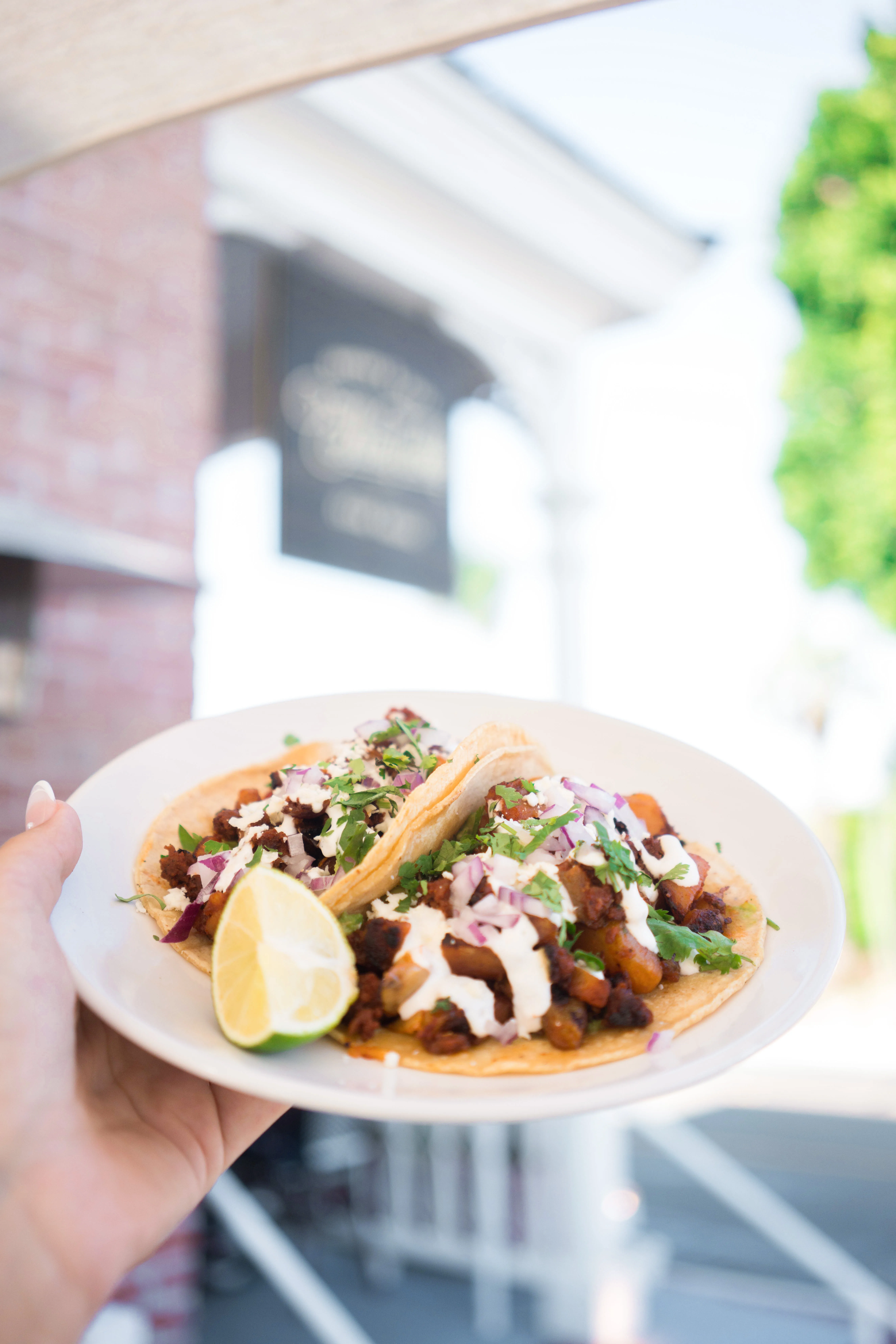 Hand holding a plate of chorizo con papas tacos outside Ellie’s Table