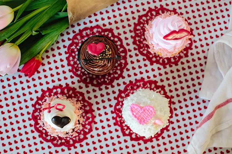 Chocolate, red velvet, and coconut Valentine cupcakes