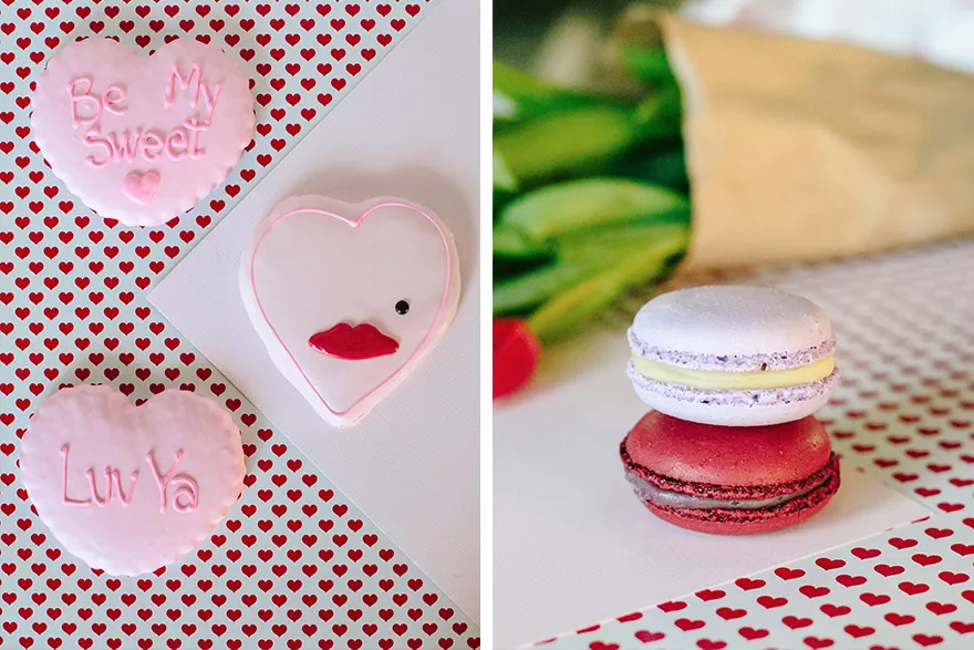 Valentine conversation cookies and a stack of two macarons