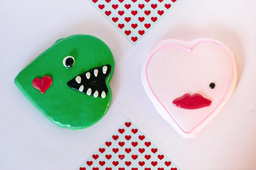 Green Monster Heart and pink Heart Lips sugar cookies