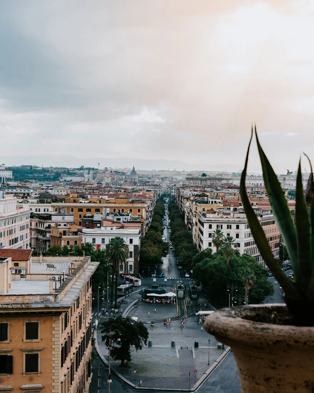 View over central Rome from a stone balcony