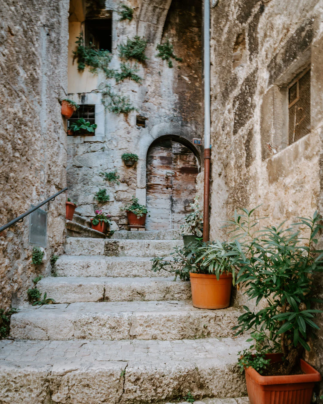 Stone village steps lined with potted plants
