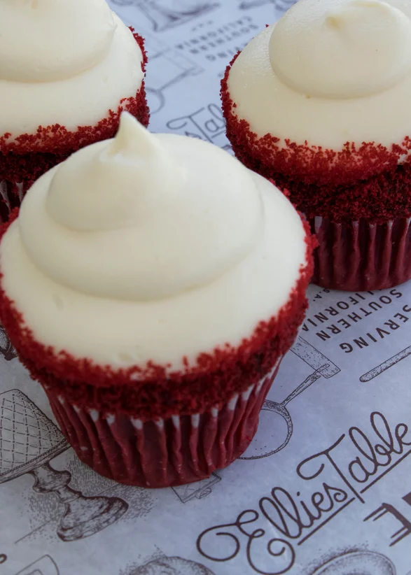 Red velvet cupcakes with cream cheese frosting