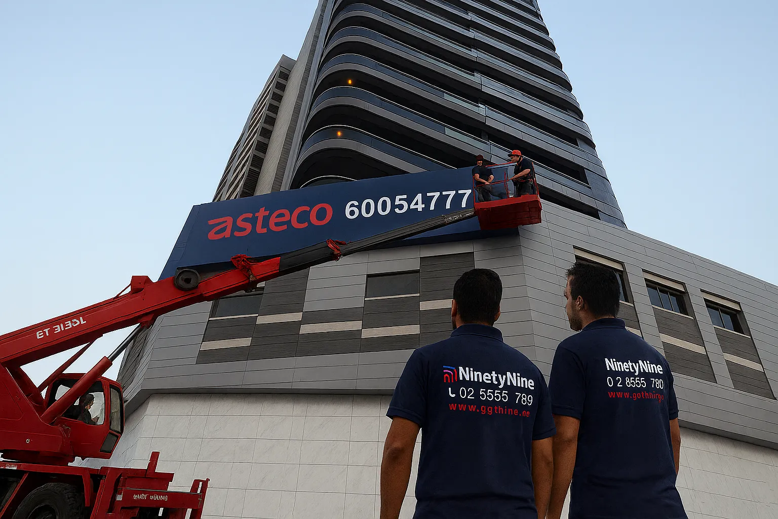 Two workers in NinetyNine company shirts watch as two others install an asteco sign on a modern building using a red cherry picker.