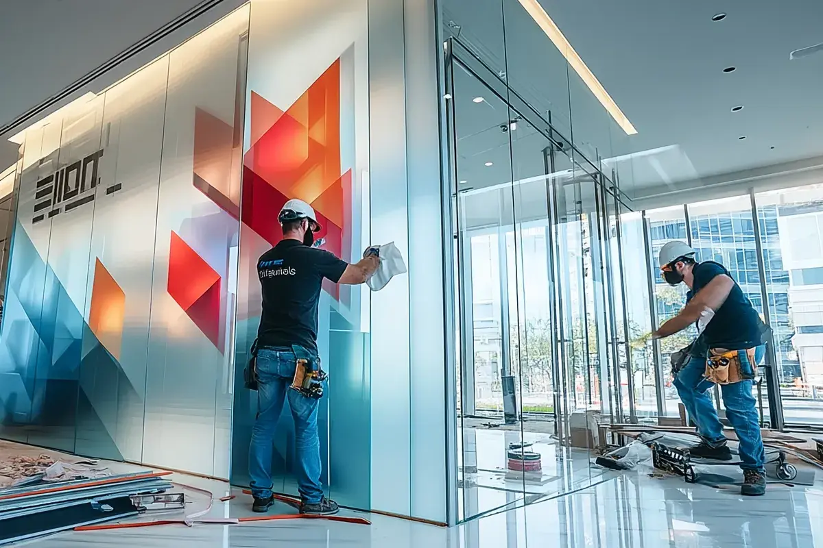 Two workers wearing helmets and masks applying or cleaning colored glass panels in a modern building interior.