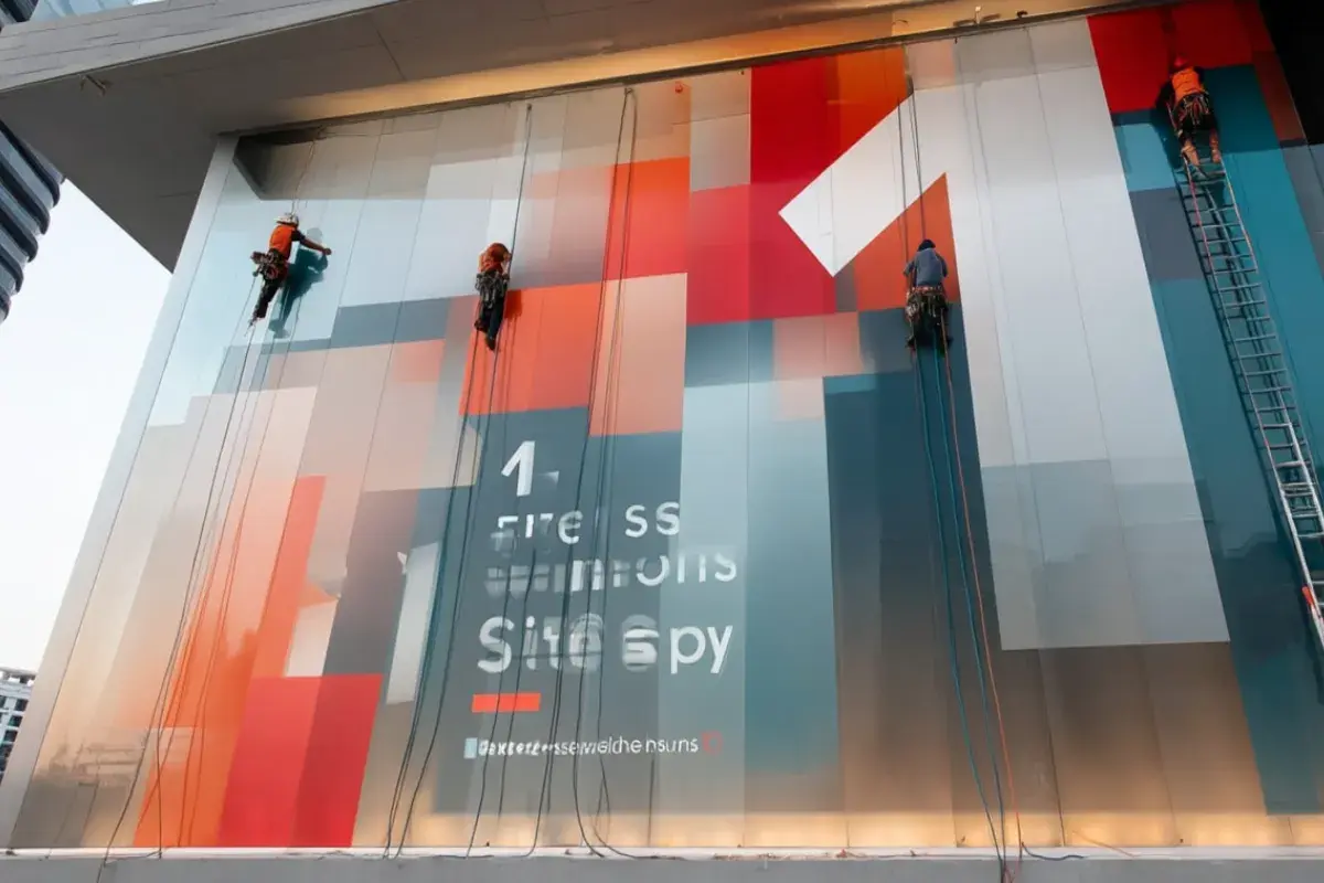 Workers in the middle of large format printing installation process 