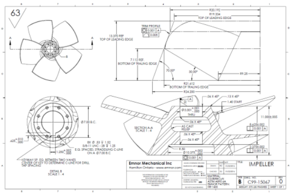 EMNOR Mechanical Inc. | Sulzer and Fairbanks Morse Vertical Pump Impeller 2D Production Drawing