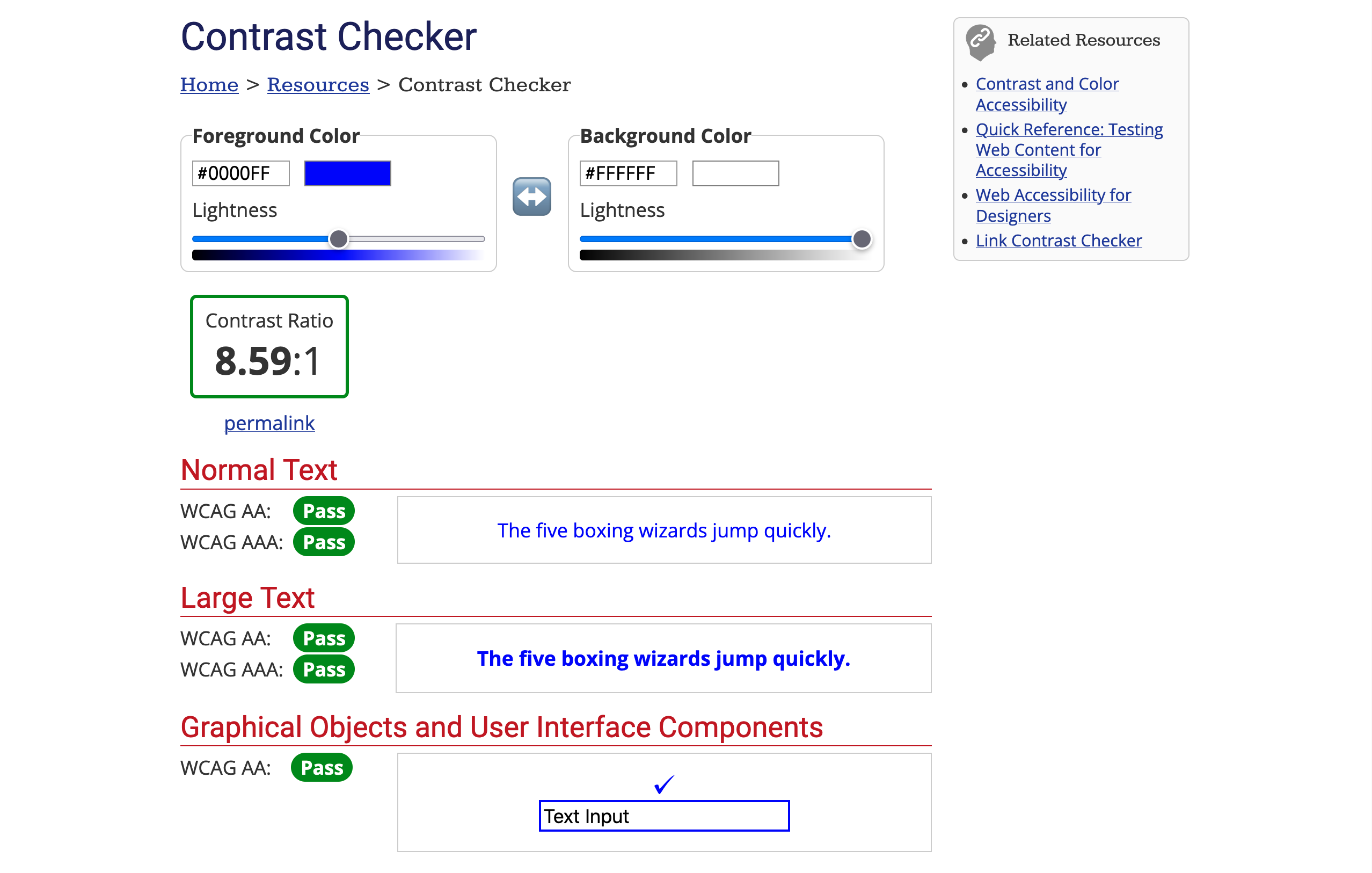 Screenshot of colour contrast checker checking Circuit Virtual Tour's blue branded colour on a white background