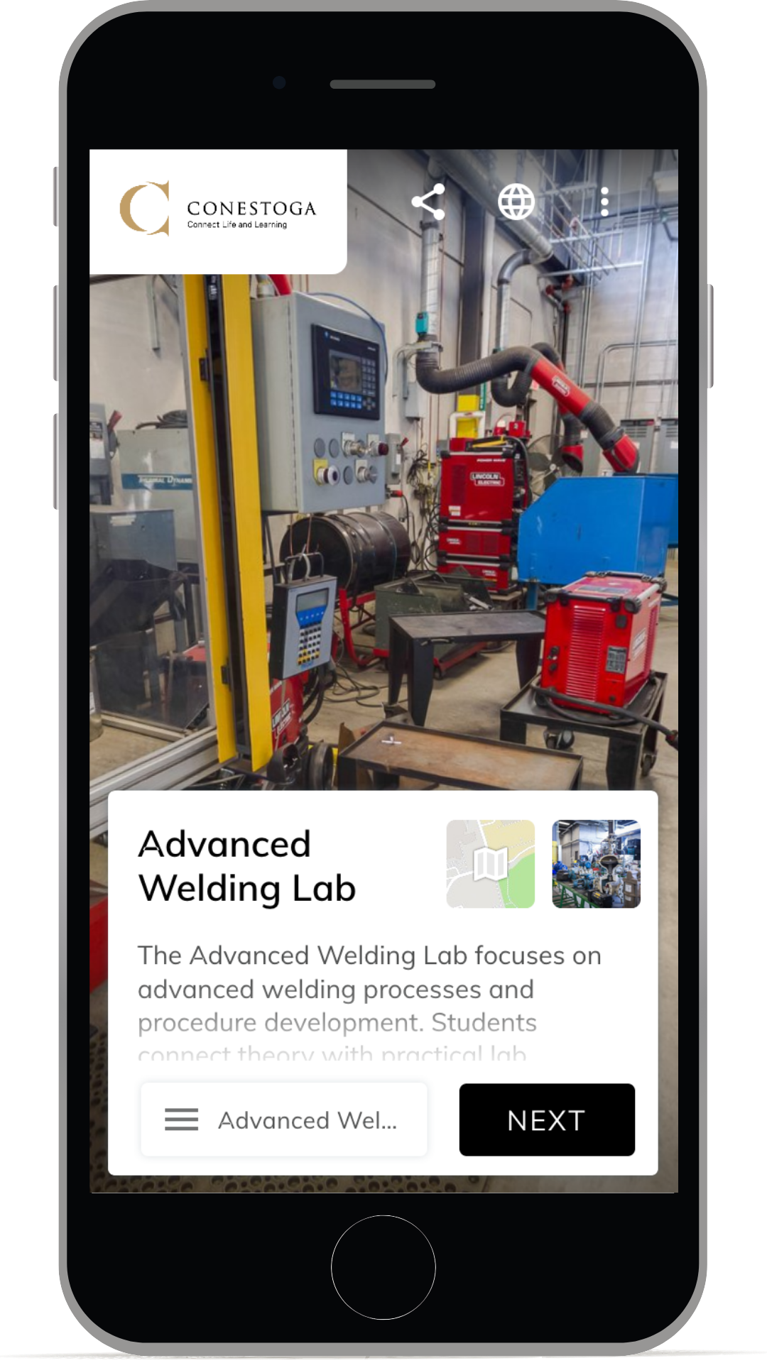 Screenshot of Conestoga virtual tour on iPhone featuring the guide card explaining the advanced welding lab pictured.