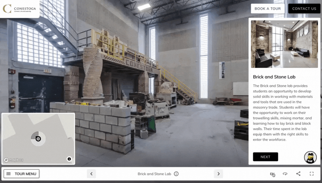 GIF video of Conestoga College's virtual tour. Mouse clicks the language picker to change tour contents from English to Vietnamese.