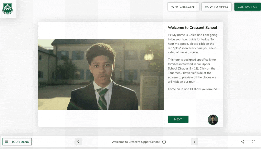 GIF video of Crescent School's virtual tour. Video narrator on screen welcoming guests to Crescent School