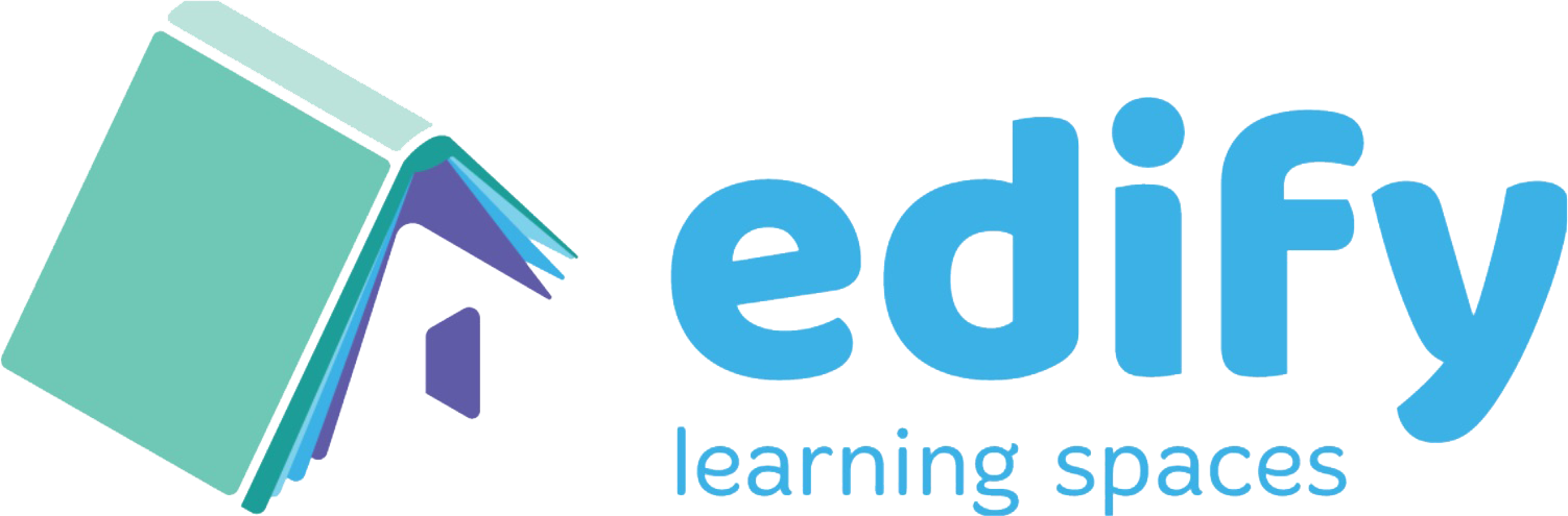 a blue visual book shaped like a home with the words edify learning spaces next to it. 