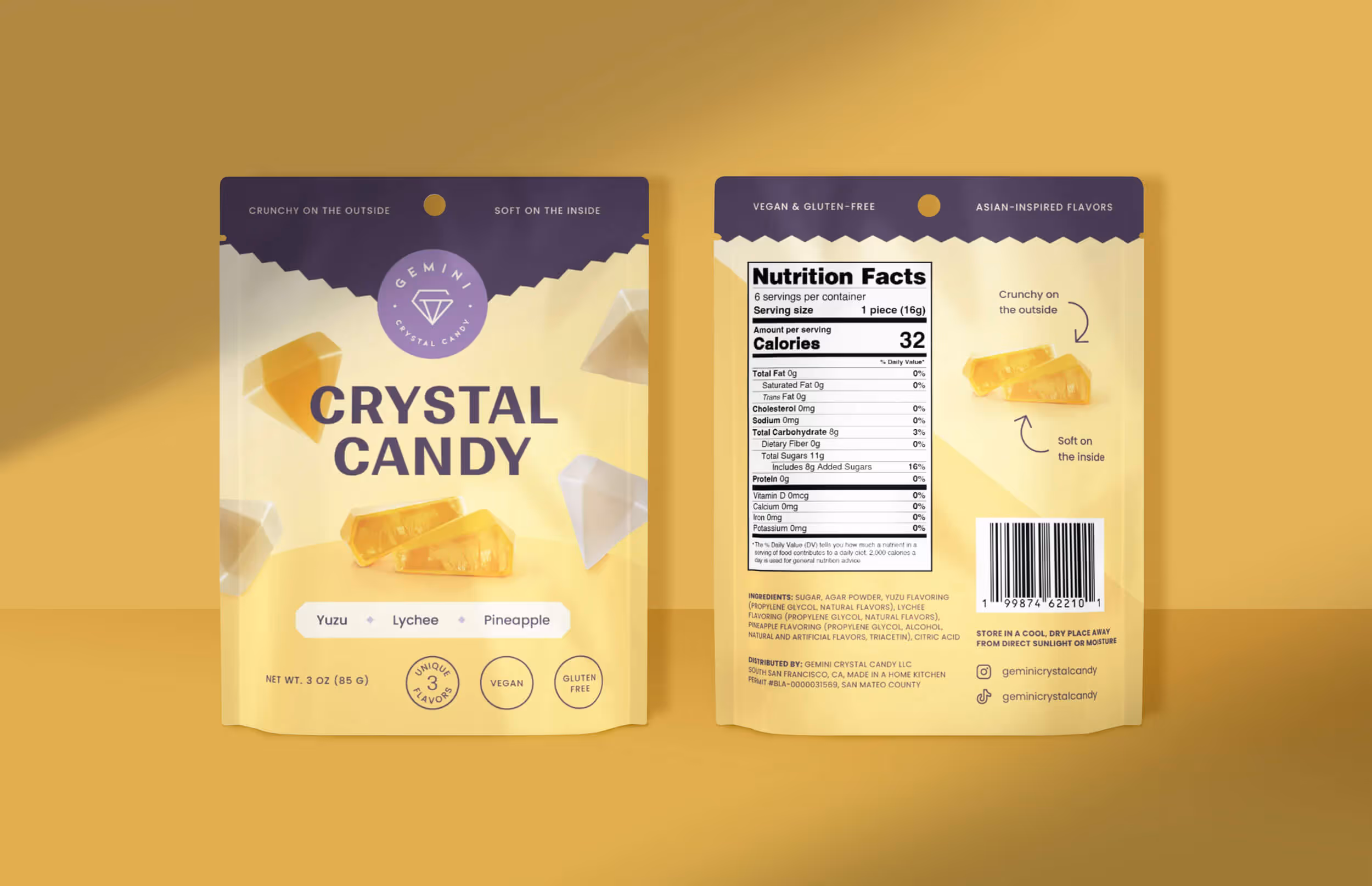 Gemini Crystal Candy pouch packaging Yuzu Lychee Pineapple flavors