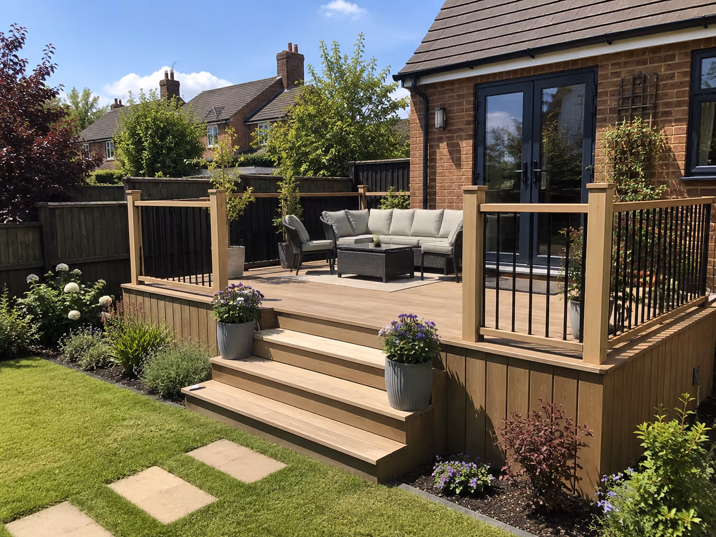 Timber garden decking with step access