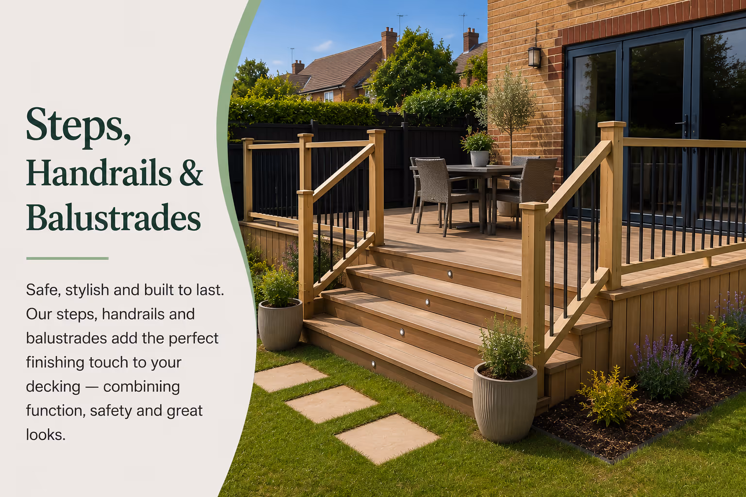 Raised deck with handrails overlooking garden lawn