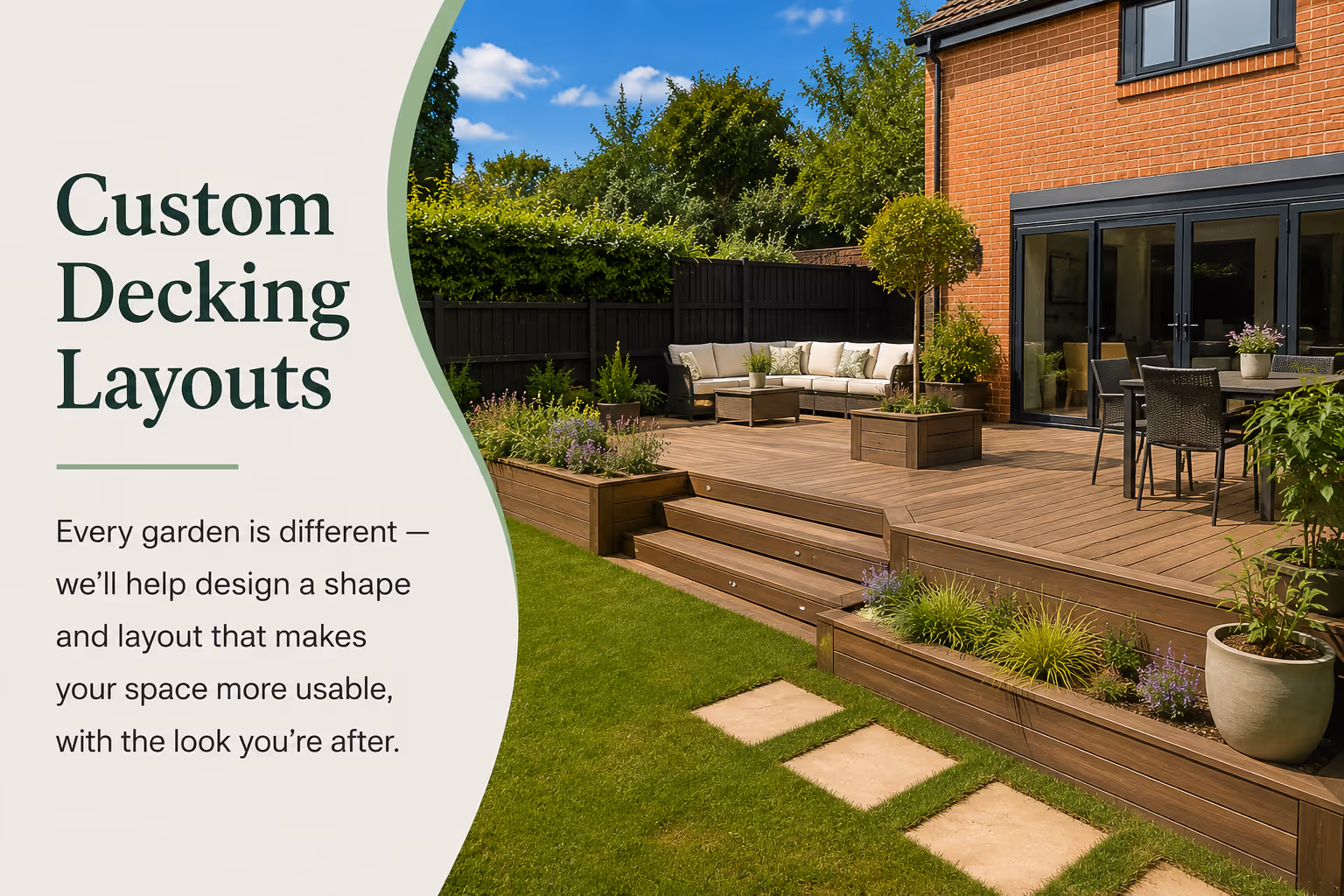 Custom-shaped decking in Garden
