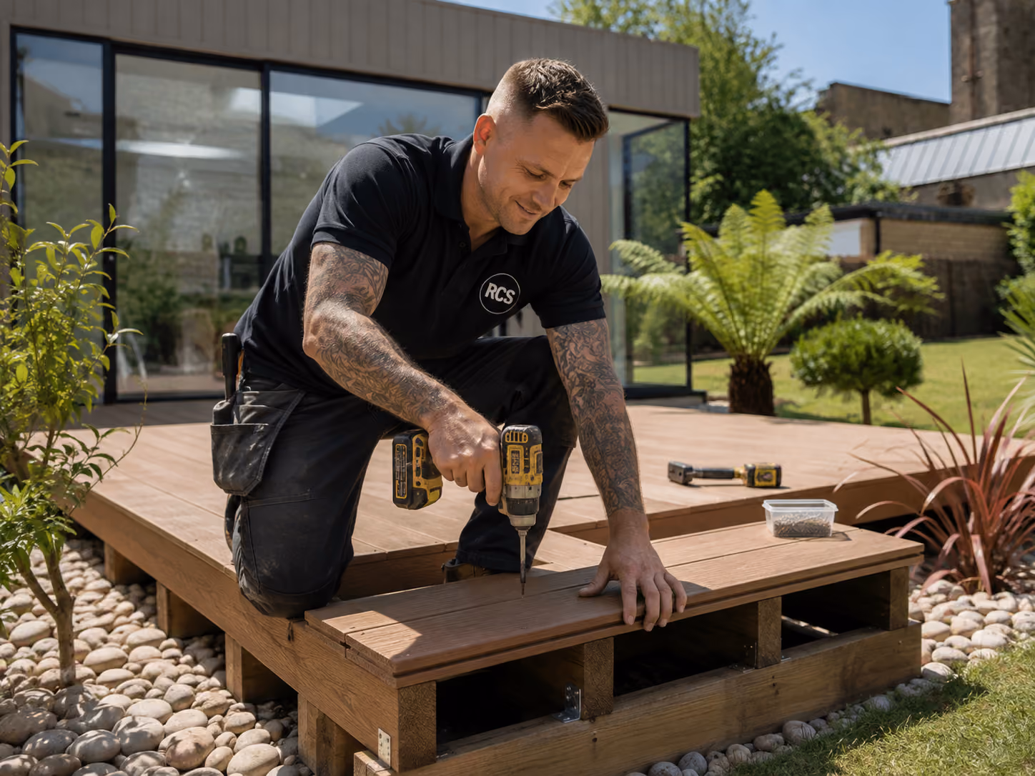 Timber garden decking with step access
