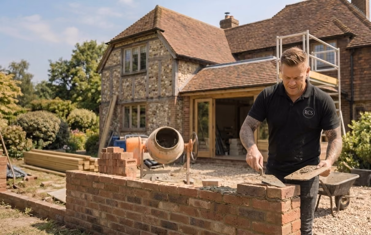 Rose Construction Sussex builder laying bricks at a home in East Sussex