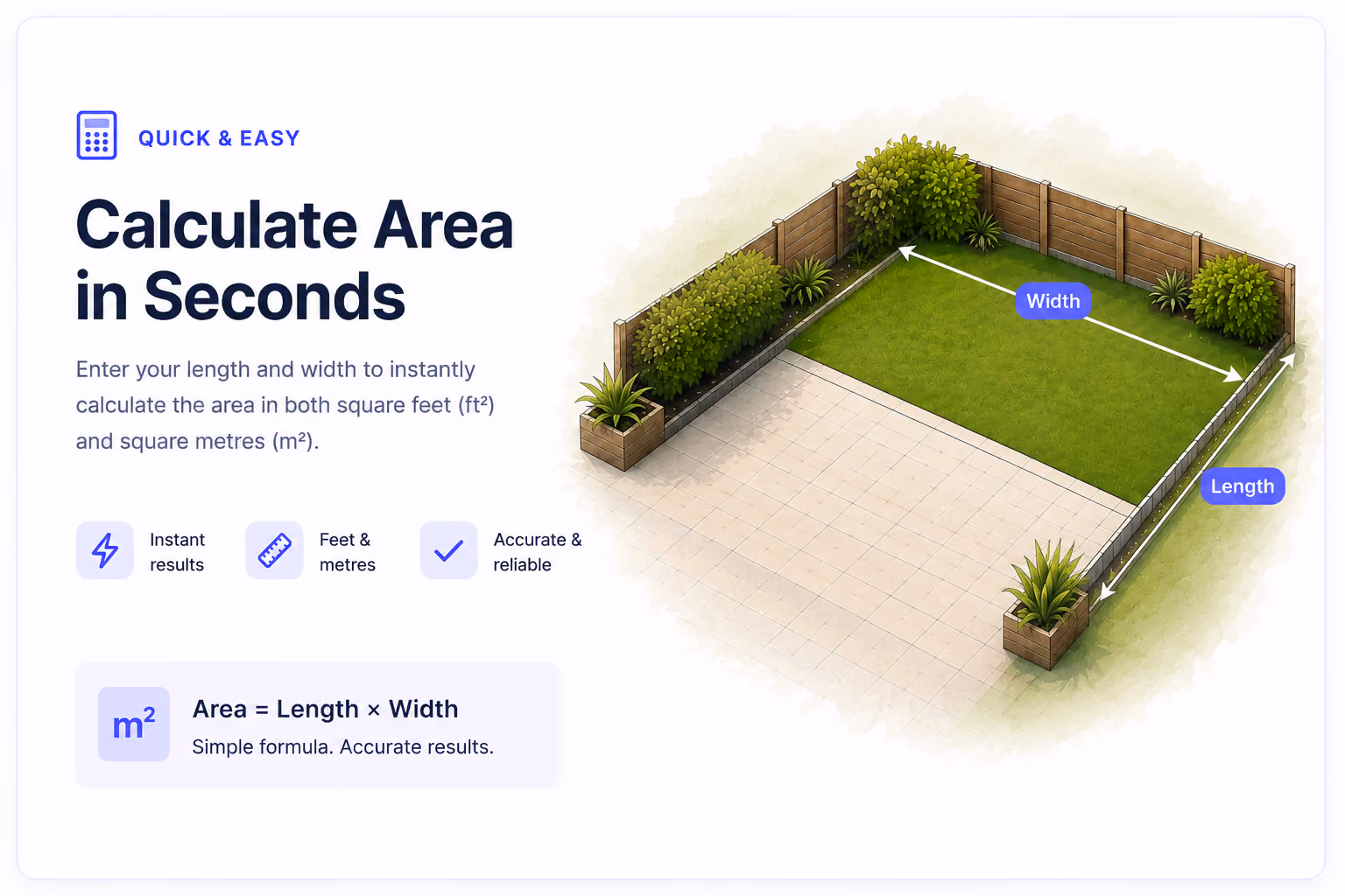 Area calculator showing how to measure the length and width of a garden for decking to calculate square metres or square feet.