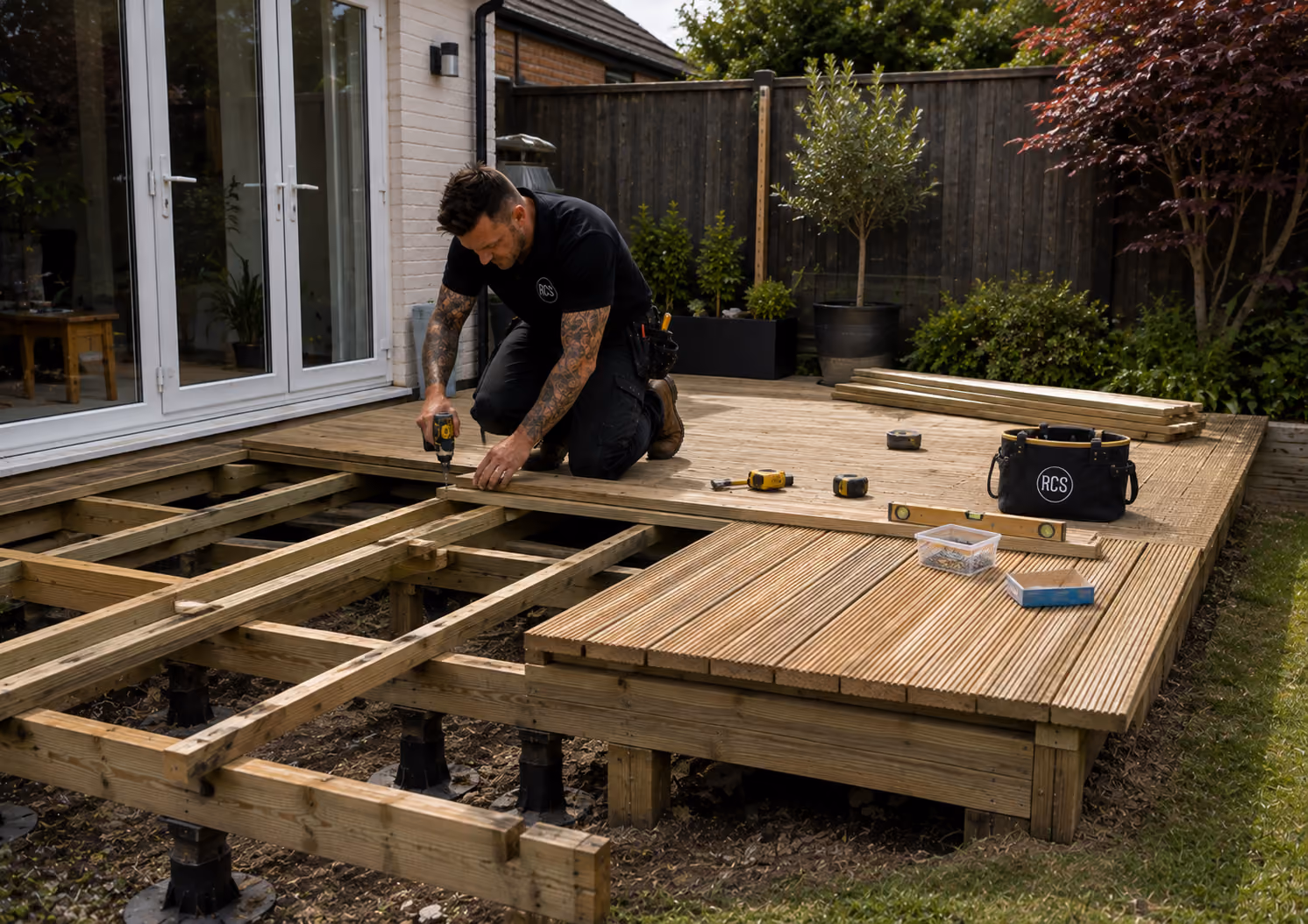 Custom-shaped decking in Garden