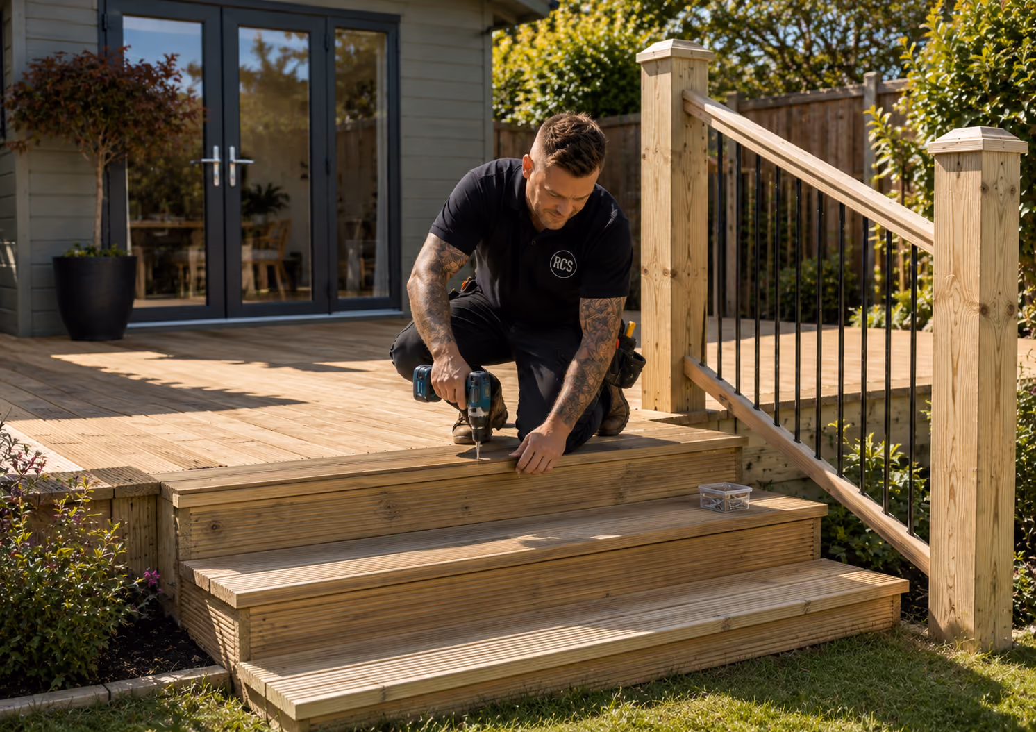 Raised deck with handrails overlooking garden lawn
