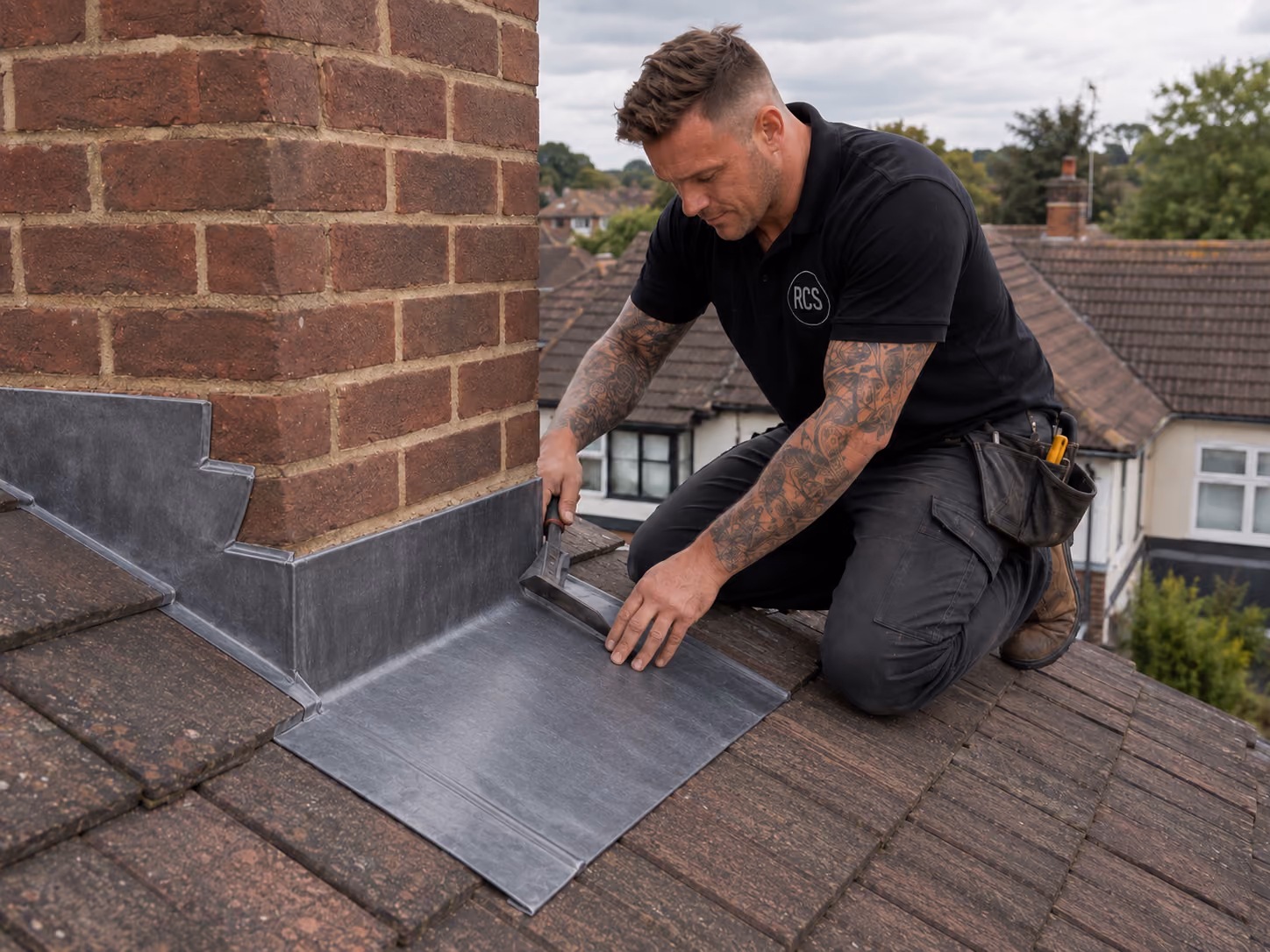 Roofing team working on tile replacement and ridge repair